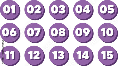 Set of purple circle icons with numbers from one to fifteen in flat design style