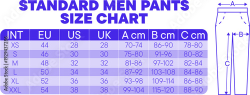 Men pants size chart with international, EU, UK, and US conversions for better fitting options