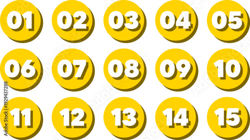 Set of yellow circle icons with numbers arranged in a grid on white background