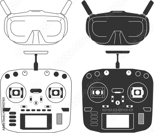 Vector drone goggle and radio controller icons in outline and silhouette design