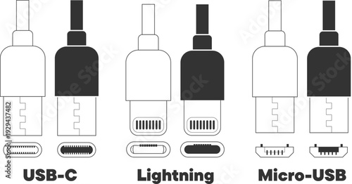 Set of USB C, Lightning, and Micro USB charging cable connectors laid out on white background
