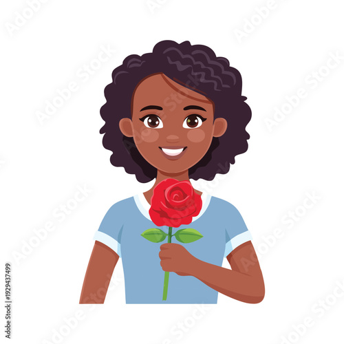A smiling cartoon woman in red fashion holding a beautiful rose gift for a Valentine love illustration