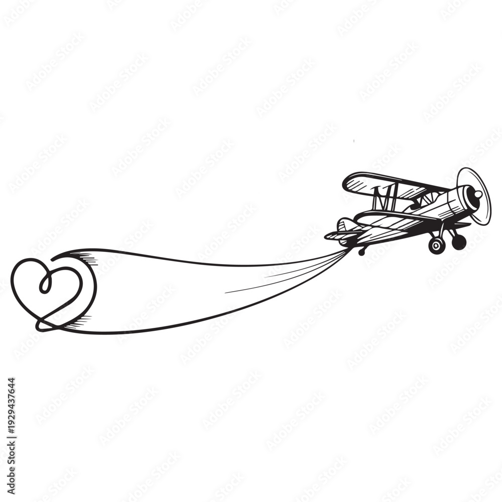Naklejka premium Biplane with a heart-shaped banner streams behind it, symbolizing love and celebration.