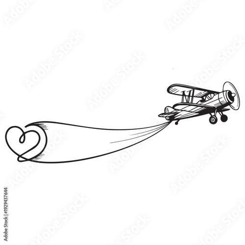 Biplane with a heart-shaped banner streams behind it, symbolizing love and celebration.