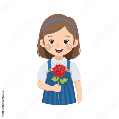 A cute little cartoon girl with a sweet smile wears a pretty dress and happily holds a beautiful flower gift, reflecting the pure love and fun of childhood in this charming vector illustration