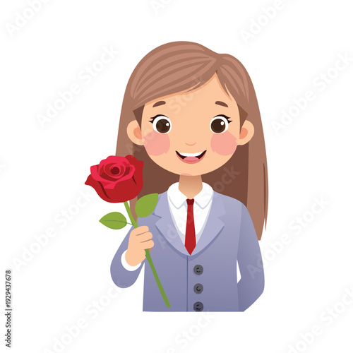 A smiling young woman with long hair holds a beautiful bouquet of red roses, a romantic Valentine gift of flowers expressing love and beauty