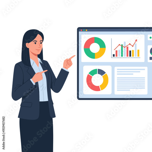 Female executive presenting business analytics, financial reports, and marketing data on a digital screen with charts and graphs.