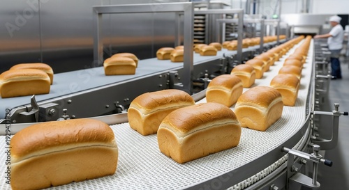 Freshly baked bread loaves on industrial conveyor belt in bakery