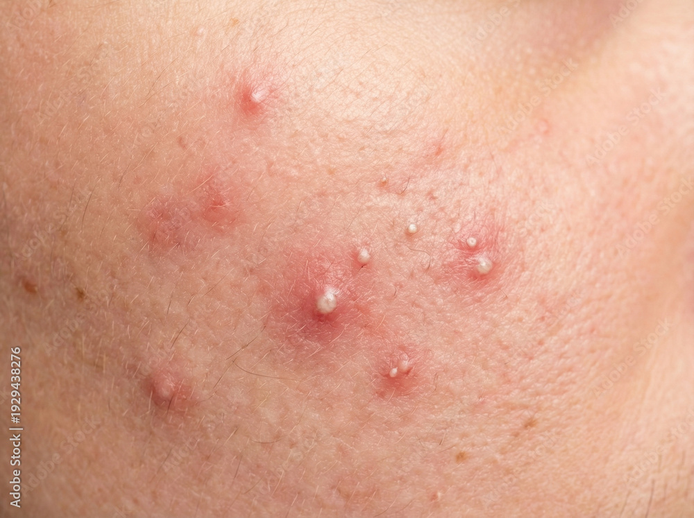 Fototapeta premium Extreme macro close-up of skin with acne and whiteheads, inflamed red pimples on cheek, dermatology problem skin texture, oily skin with breakout
