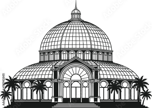 Historic Glass Dome Building Illustration Featuring Classical Architectural Landmark with Palm Trees Representing Botanical Garden, Conservatory and Cultural Heritage Design Concept