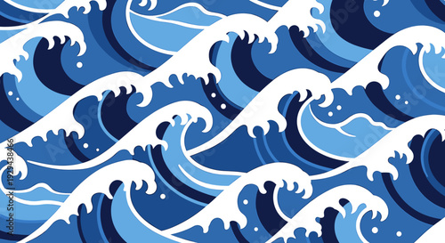 Seamless japanese ocean waves pattern in traditional ukiyo-e inspired style, layered blue wave shapes, decorative marine background, clean flat vector design