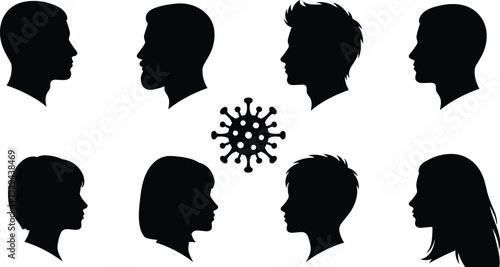 Human Head Profile Silhouettes with Virus Symbol Illustration Representing Pandemic Transmission, Infection Spread, Public Health Awareness and Disease Prevention Concept