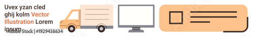 Delivery systems, online tracking, digital logistics, ecommerce operations, shipping services, mobile receipts. A truck, computer and form icon showcased. Delivery systems and online tracking