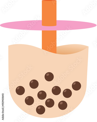 Sweet boba tea in a plastic cup with straw, Summer milk tea with bubble dessert illustration