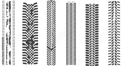 Car tire tracks vector icon design, rubber wheel and braking marks, truck, car, and motorcycle tread pattern silhouettes for auto racing, motorsport, and speed related creative projects.