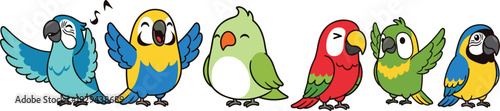 Colorful Parrots in Different Poses: Cartoon Parrot Illustrations with Vibrant Feathers