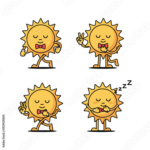 Cartoon sun characters in various poses and emotions with bow ties