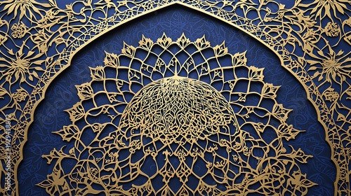 Intricate gold pattern on blue arched background, showcasing floral designs and geometric shapes