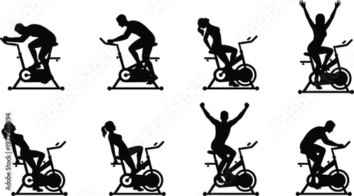 Indoor Cycling Silhouettes Collection Illustration Featuring Fitness Training on Stationary Bike Representing Cardio Exercise, Gym Workout and Active Lifestyle Concept