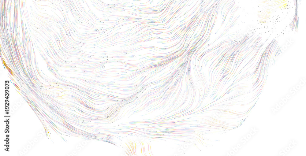 Obraz premium Abstract artwork featuring flowing lines and a spectrum of pastel colors against a bright white background. Evokes feel
