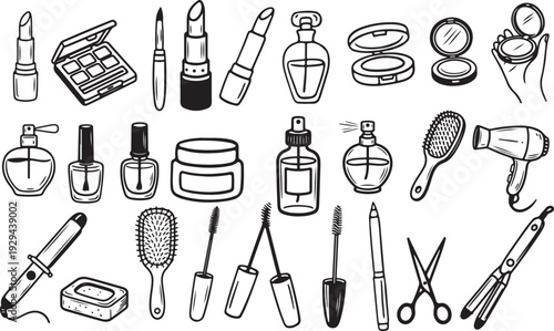 Makeup And Hair Tools Line Drawing Featuring Lipstick, Mascara, Eyeliner, Compact, Perfume, Brush, Curler for beauty and skincare projects