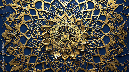 Intricate golden floral mandala pattern on dark blue background, viewed from directly above, showcasing detailed illustrations