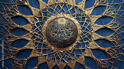 Intricate golden mandala pattern surrounds a blue ornate sphere on a textured blue background viewed from directly above