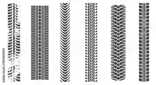 Car tire tread pattern vector set, rubber wheel tracks and braking marks, truck, car, and motorcycle silhouettes for auto racing, motorsport graphics, and speed related designs.