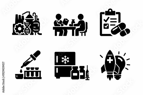 Science and medical research icons: laboratory, consultation, medicine, test tubes, vaccine, space