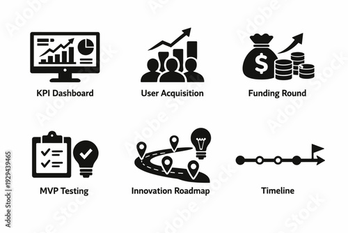 Business strategy icons: kpi dashboard, user acquisition, funding, mvp, innovation, timeline