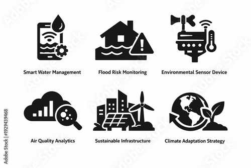 Environmental technology icons illustrating smart water, flood monitoring, air quality, sustainable infrastructure, and climate adaptation