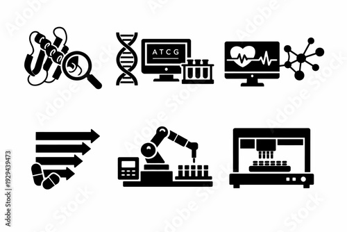 Biotechnology icons: dna, chemistry, automation, medical analysis