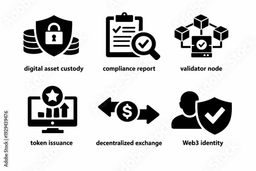 Blockchain icons: digital custody, compliance, node, token, exchange, identity