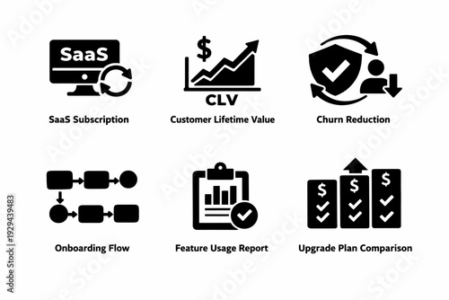 Six icons illustrating saas concepts: subscription, clv, churn, onboarding, reports, upgrade plans