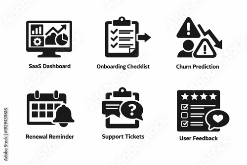 Business software icons: saas dashboard, onboarding, churn prediction, reminders, support, feedback
