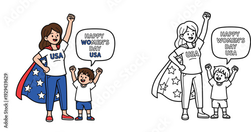 Happy Women's Day USA: Superhero Mom and Son Celebrating Strength and Unity
