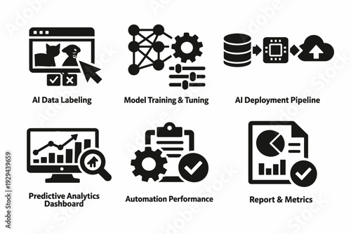 Ai workflow icons: data labeling, model training, deployment, analytics, automation, reporting