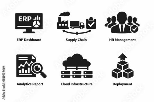 Enterprise resource management icons: erp dashboard, supply chain, hr, analytics, cloud, deployment