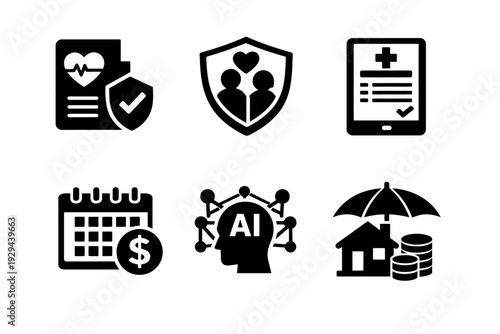 Health and finance icons: ai, insurance, medical records, calendar, mobile document, money