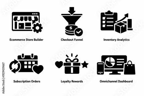 Ecommerce icons: store builder, checkout funnel, inventory analytics, subscription orders, loyalty rewards
