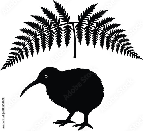 Kiwi Bird and Silver Fern Silhouette Illustration Representing New Zealand National Symbol, Native Wildlife Identity and Nature Inspired Design Concept