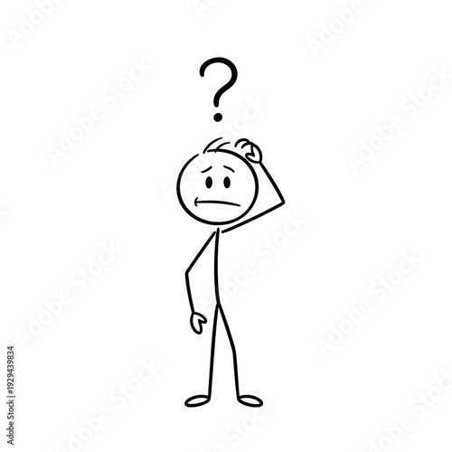 Confused stick figure character thinking, perfect for illustrating uncertainty in presentations and educational materials