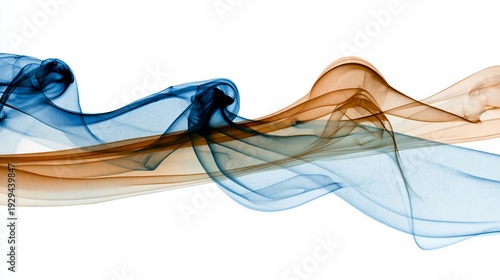 Swirling abstract smoke in blue and bronze hues against a clean white backdrop