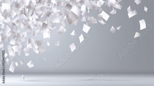 Scattered white paper pieces falling in a gray studio environment, minimalist composition