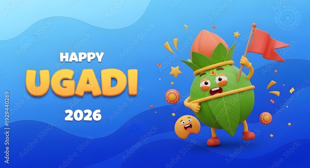 Obraz premium Happy ugadi 2026 greeting card with cartoon character