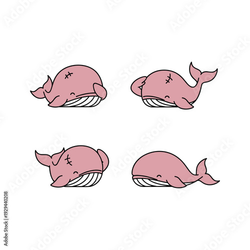Cute cartoon whales set in different poses on white background