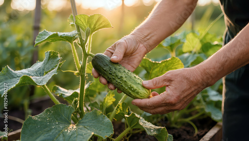 Farmer harvesting fresh organic cucumber from garden vine at sunset in backyard vegetable bed and sustainable agriculture concept