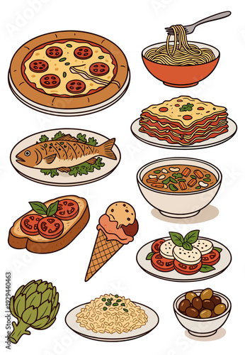 Set italian food pizza pasta lasagna gelato caprese risotto olives