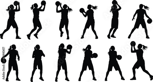 Basketball player silhouettes vector set, female athletes dribbling shooting isolated on white background