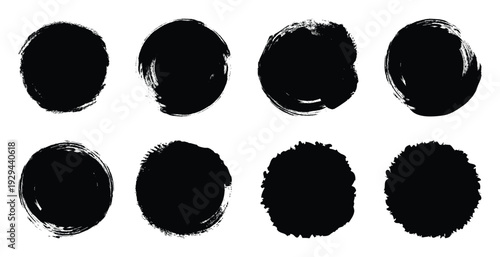 Set of black grunge circles shapes on a white background.  Paint brush stamp collection.Vintage grunge boxes for collage, text, banner, sticker, poster design.Grunge round shape. Vector illustration,